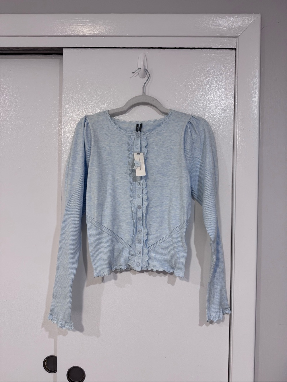 Anthropologie Light Blue Ruffle-Trim Button Front Cardigan